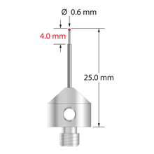 M5 stylus with 0.6 mm diameter ruby ball, stepped carbide stem, and 11.0 mm diameter x 10.0 mm long stainless steel base. Minor stem diameter is 0.43 mm; major diameter is 1.0 mm. Overall stylus length is 25.0 mm. Stylus weight is 5.68 grams.