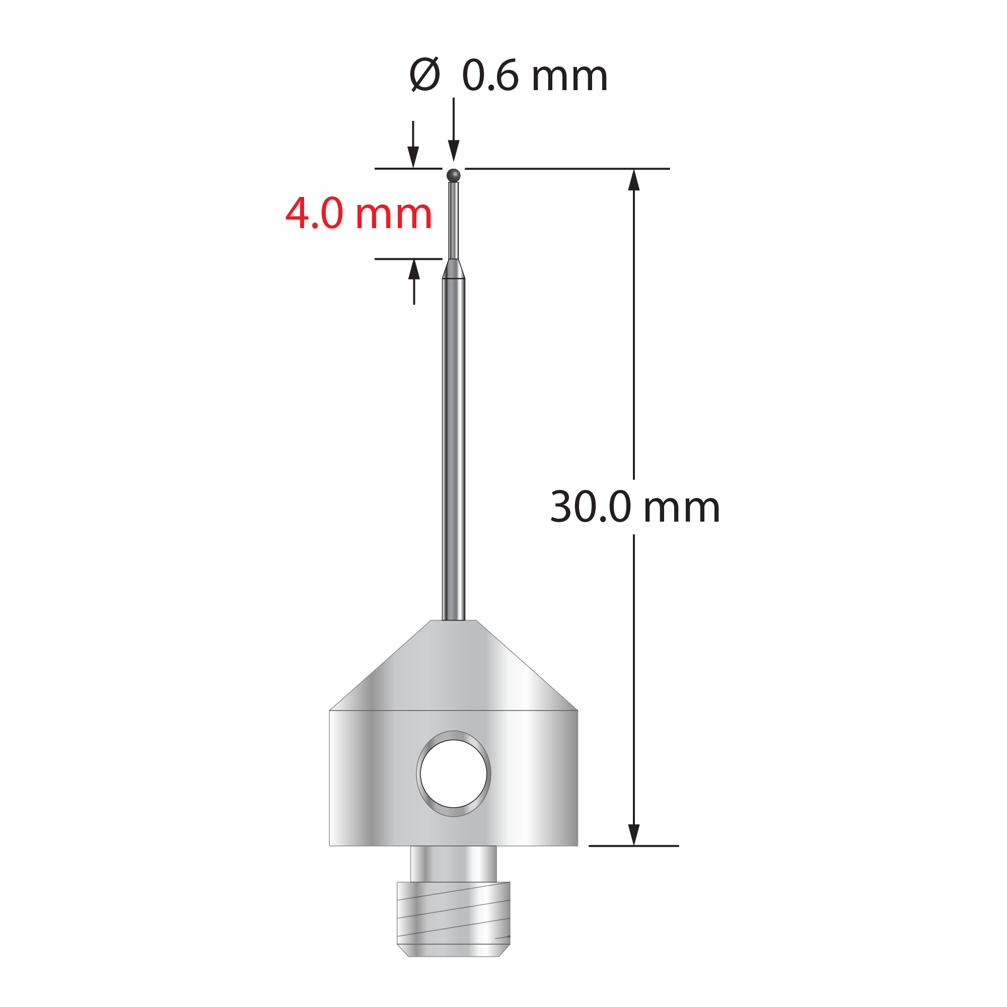 M5 stylus with 0.6 mm diameter carbide ball, tapered carbide stem, and 11.0 mm diameter x 10.0 mm long stainless steel base. Minor stem diameter is 0.43 mm, major diameter is 1.0 mm. Overall stylus length is 30.0 mm. Stylus weight is 5.74 grams.