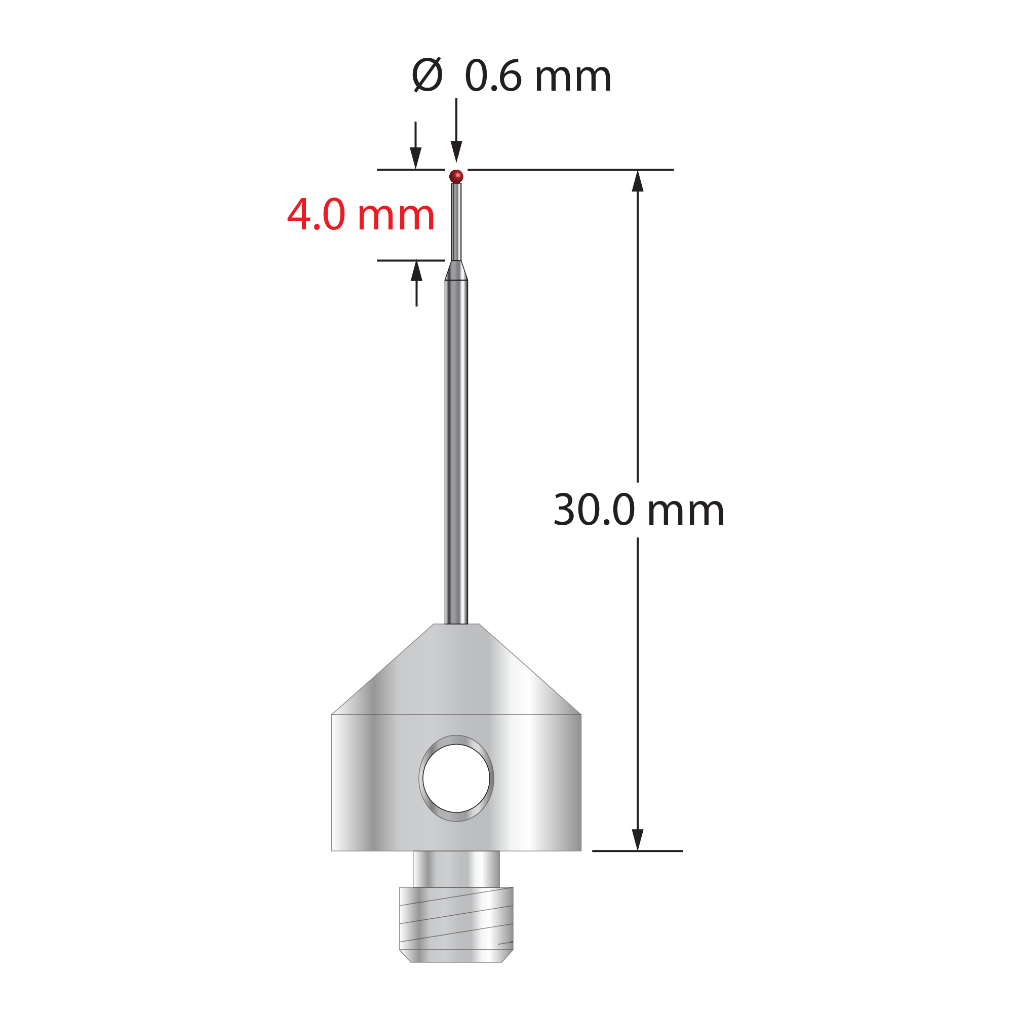 M5 stylus with 0.6 mm diameter ruby ball, tapered carbide stem, and 11.0 mm diameter x 10.0 mm long stainless steel base. Minor stem diameter is 0.43 mm; major diameter is 1.0 mm. Overall stylus length is 30.0 mm. Stylus weight is 5.74 grams.
