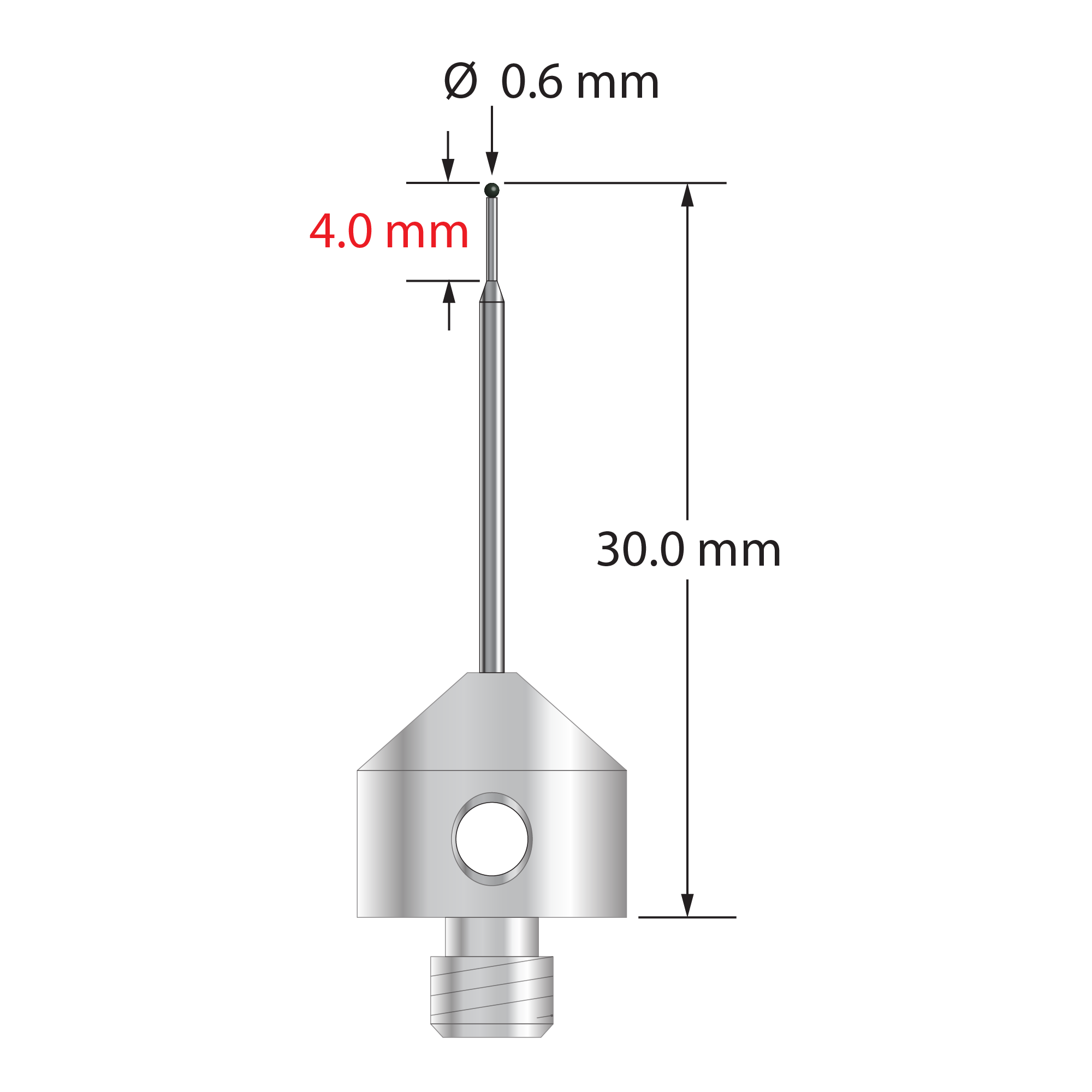 M5 stylus with 0.6 mm diameter silicon nitride ball, stepped carbide stem, and 11.0 mm diameter x 10.0 mm long stainless steel base. Minor stem diameter is 0.43 mm, major diameter is 1.0 mm. Overall stylus length is 30.0 mm. Stylus weight is 5.74 grams.