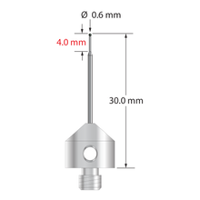M5 stylus with 0.6 mm diameter silicon nitride ball, stepped carbide stem, and 11.0 mm diameter x 10.0 mm long stainless steel base. Minor stem diameter is 0.43 mm, major diameter is 1.0 mm. Overall stylus length is 30.0 mm. Stylus weight is 5.74 grams.