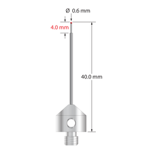 M5 stylus with 0.6 mm diameter ruby ball, stepped carbide stem, and 11.0 mm diameter x 10.0 mm long stainless steel base. Minor stem diameter is 0.43 mm; major diameter is 1.0 mm. Overall stylus length is 40.0 mm. Stylus weight is 5.86 grams.