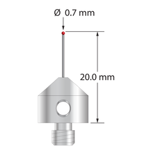 M5 stylus with 0.7 mm diameter ruby ball, 0.5 mm diameter carbide stem, and 11.0 mm diameter x 10.0 mm long stainless steel base. Overall stylus length is 20.0 mm. Stylus weight is 5.62 grams.