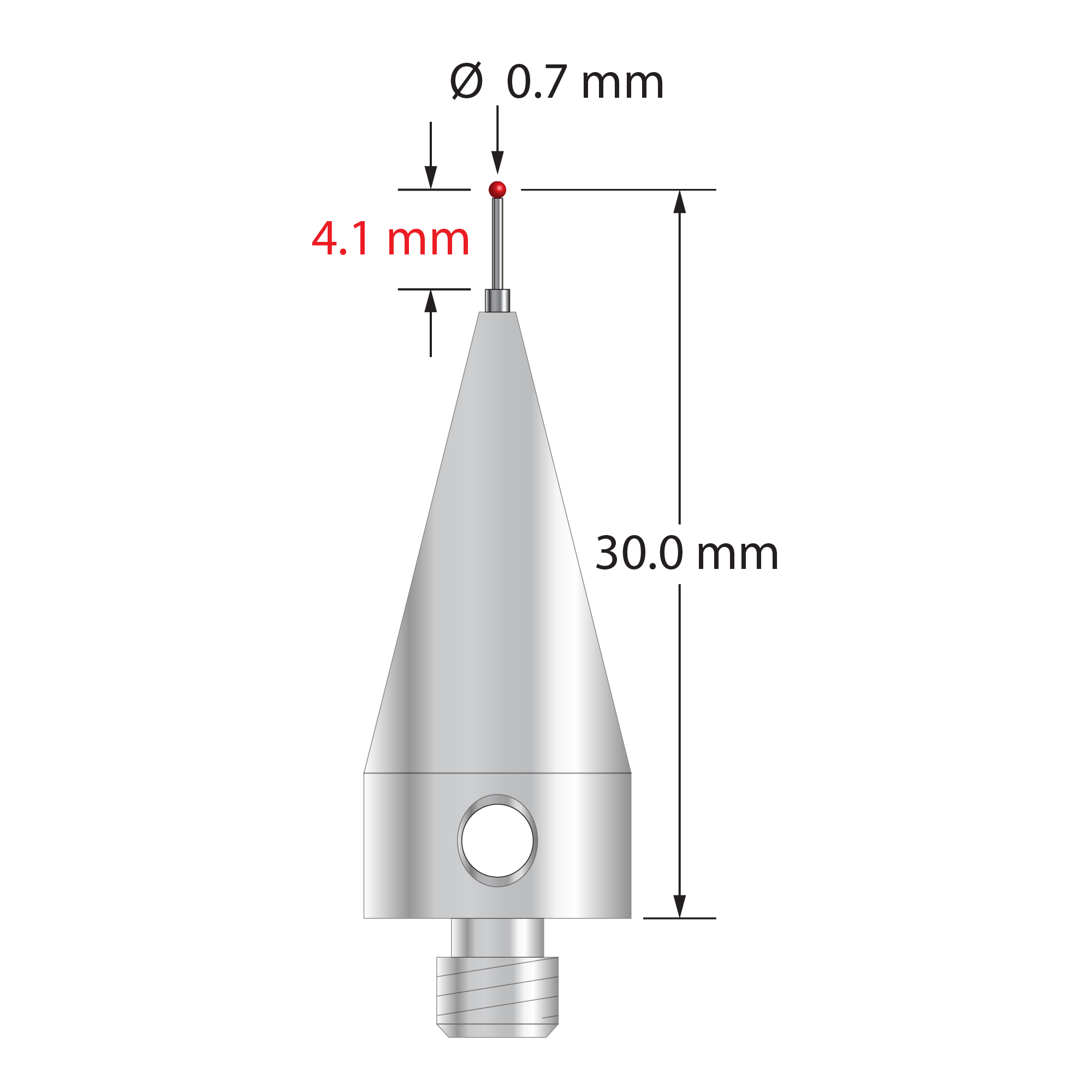M5 stylus with 0.7 mm diameter ruby ball, stepped carbide stem, and 11.0 mm diameter x 25.0 mm long tapered stainless steel base. Minor stem diameter is 0.5 mm; major stem diameter is 1.0 mm. Stylus length to ball center is 30.0 mm. Stylus weight is 9.95 grams. Compare to Renishaw A-5003-5213.