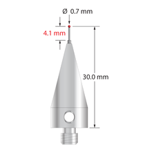 M5 stylus with 0.7 mm diameter ruby ball, stepped carbide stem, and 11.0 mm diameter x 25.0 mm long tapered stainless steel base. Minor stem diameter is 0.5 mm; major stem diameter is 1.0 mm. Stylus length to ball center is 30.0 mm. Stylus weight is 9.95 grams. Compare to Renishaw A-5003-5213.