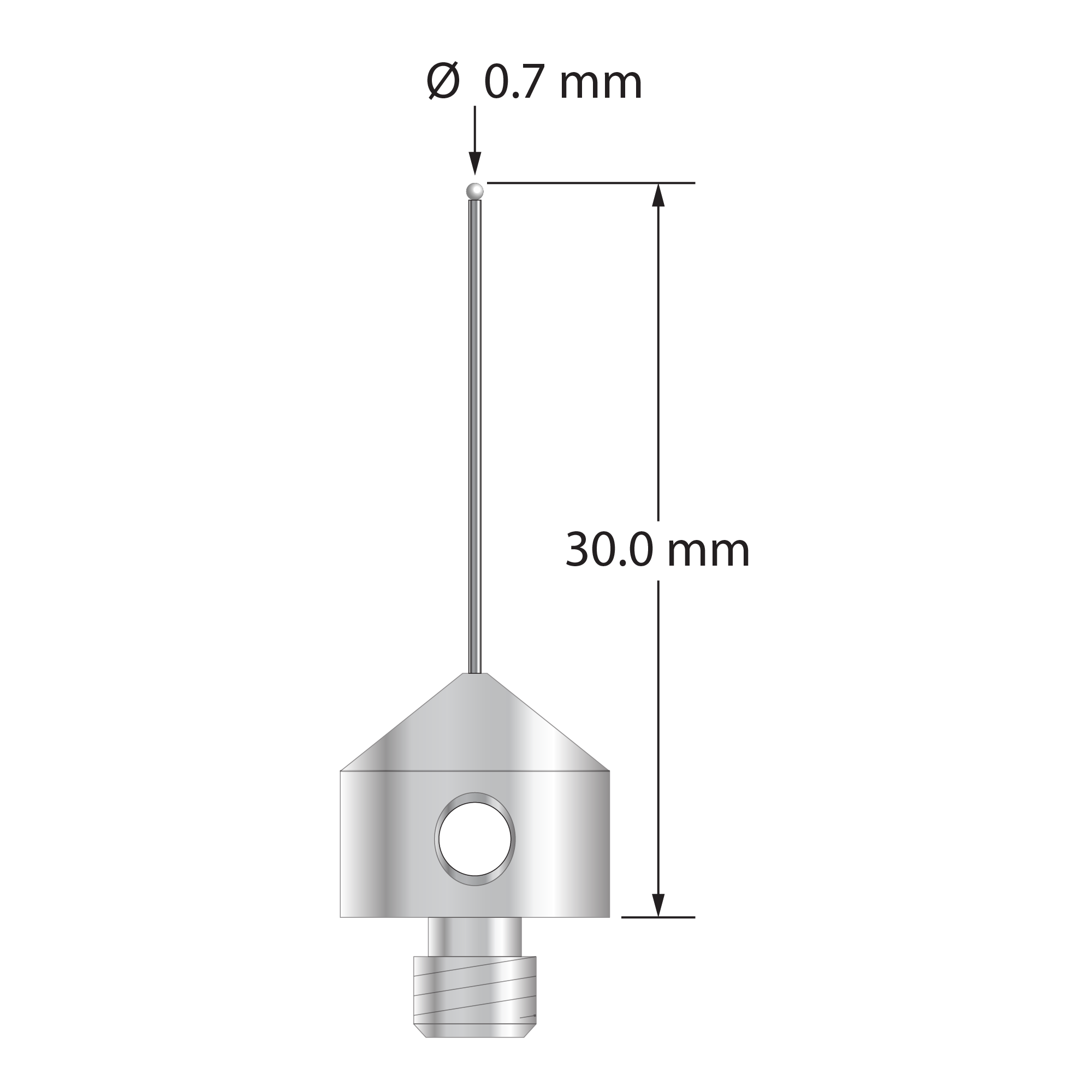 AFG-0730-Z M5 stylus with 0.7mm zirconia ball, carbide stem, and stainless steel base, 30mm long by Q-Mark Manufacturing, Inc.