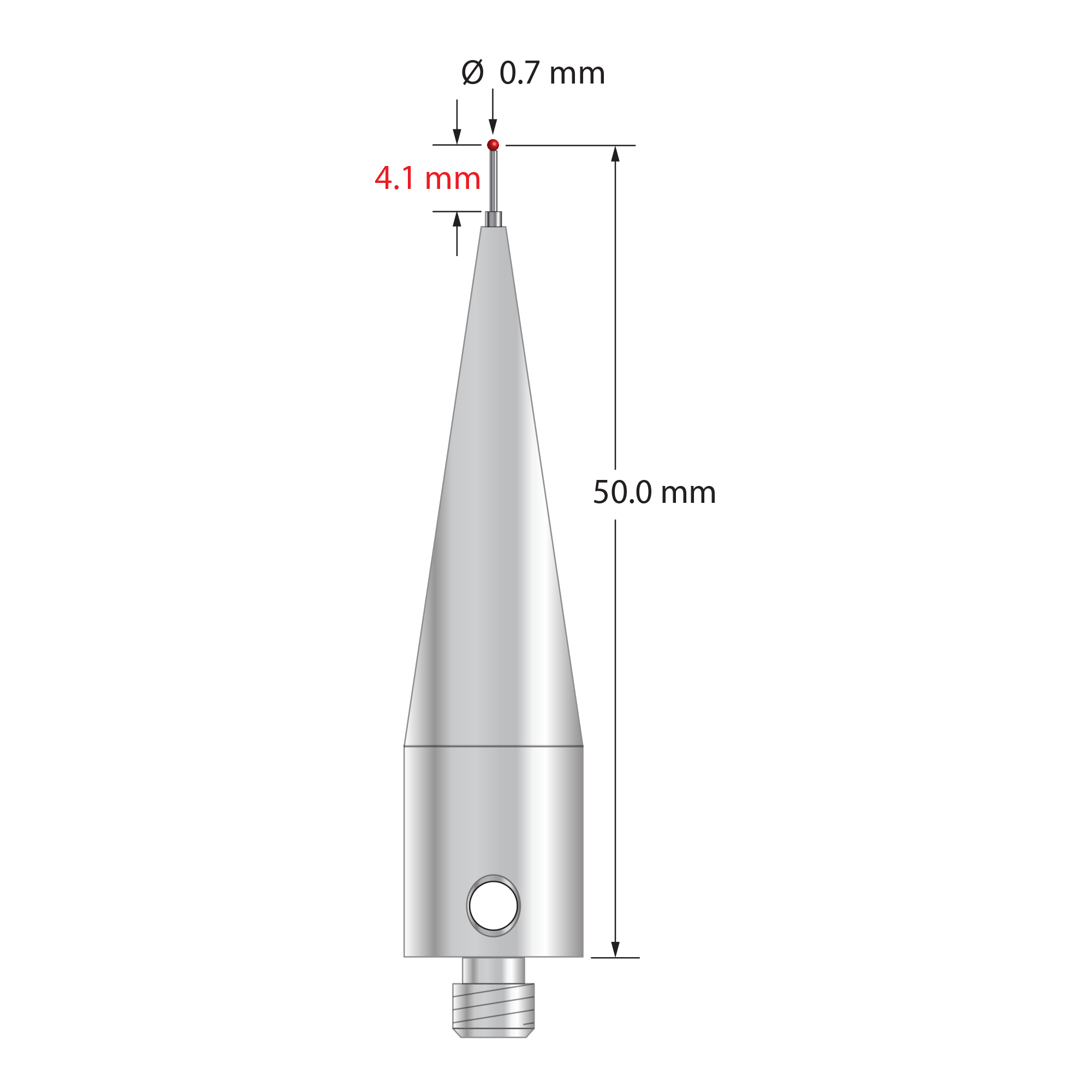 M5 stylus with 0.7 mm diameter ruby ball, 0.5 mm diameter carbide stem, and 11.0 mm diameter x 45.0 mm long tapered stainless steel base. Stylus length to ball center is 50.0 mm. Stylus weight is 15.94 grams. Compare to Renishaw A-5003-5227.