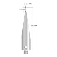 M5 stylus with 0.7 mm diameter ruby ball, 0.5 mm diameter carbide stem, and 11.0 mm diameter x 45.0 mm long tapered stainless steel base. Stylus length to ball center is 50.0 mm. Stylus weight is 15.94 grams. Compare to Renishaw A-5003-5227.