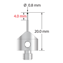 M5 stylus with 0.8 mm diameter silicon nitride ball, stepped carbide stem, and 11.0 mm diameter x 10.0 mm long stainless steel base. Minor stem diameter is 0.6 mm; major diameter is 1.0 mm. Overall stylus length is 20.0 mm. Stylus weight is 5.65 grams.