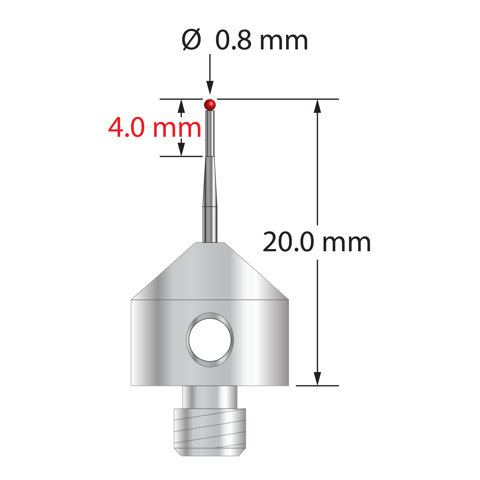 M5 stylus with 0.8 mm diameter ruby ball, tapered carbide stem, and 11.0 mm diameter x 10.0 long stainless steel base. Minor stem diameter is 0.6 mm; major stem diameter is 1.0 mm. Overall stylus length is 20.0 mm. Stylus weight is 5.65 grams.