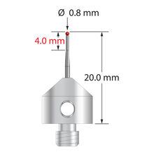 M5 stylus with 0.8 mm diameter ruby ball, tapered carbide stem, and 11.0 mm diameter x 10.0 long stainless steel base. Minor stem diameter is 0.6 mm; major stem diameter is 1.0 mm. Overall stylus length is 20.0 mm. Stylus weight is 5.65 grams.