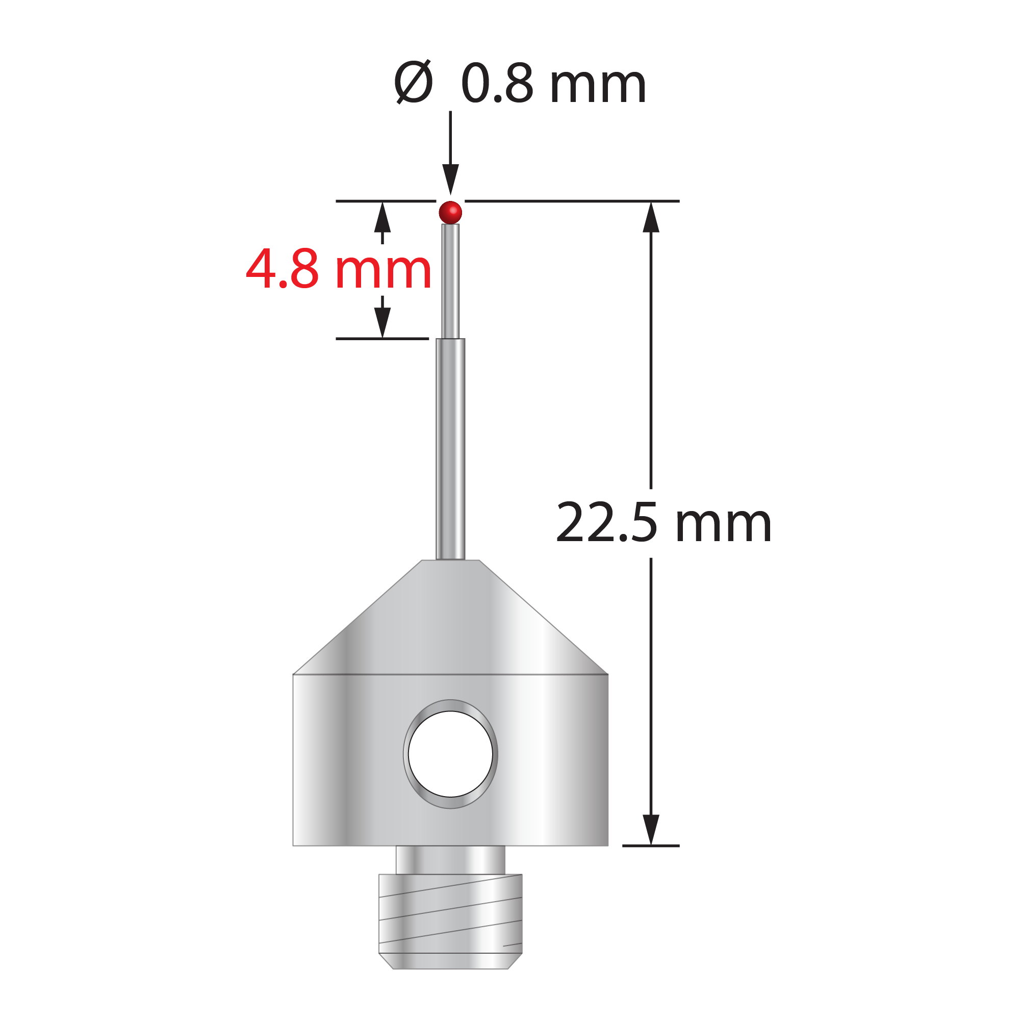 AFG-0822.5 M5 stylus with 0.8mm ruby ball, stepped carbide stem, and stainless steel base, 22.5mm long.