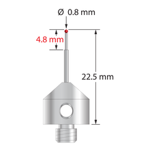 AFG-0822.5 M5 stylus with 0.8mm ruby ball, stepped carbide stem, and stainless steel base, 22.5mm long.