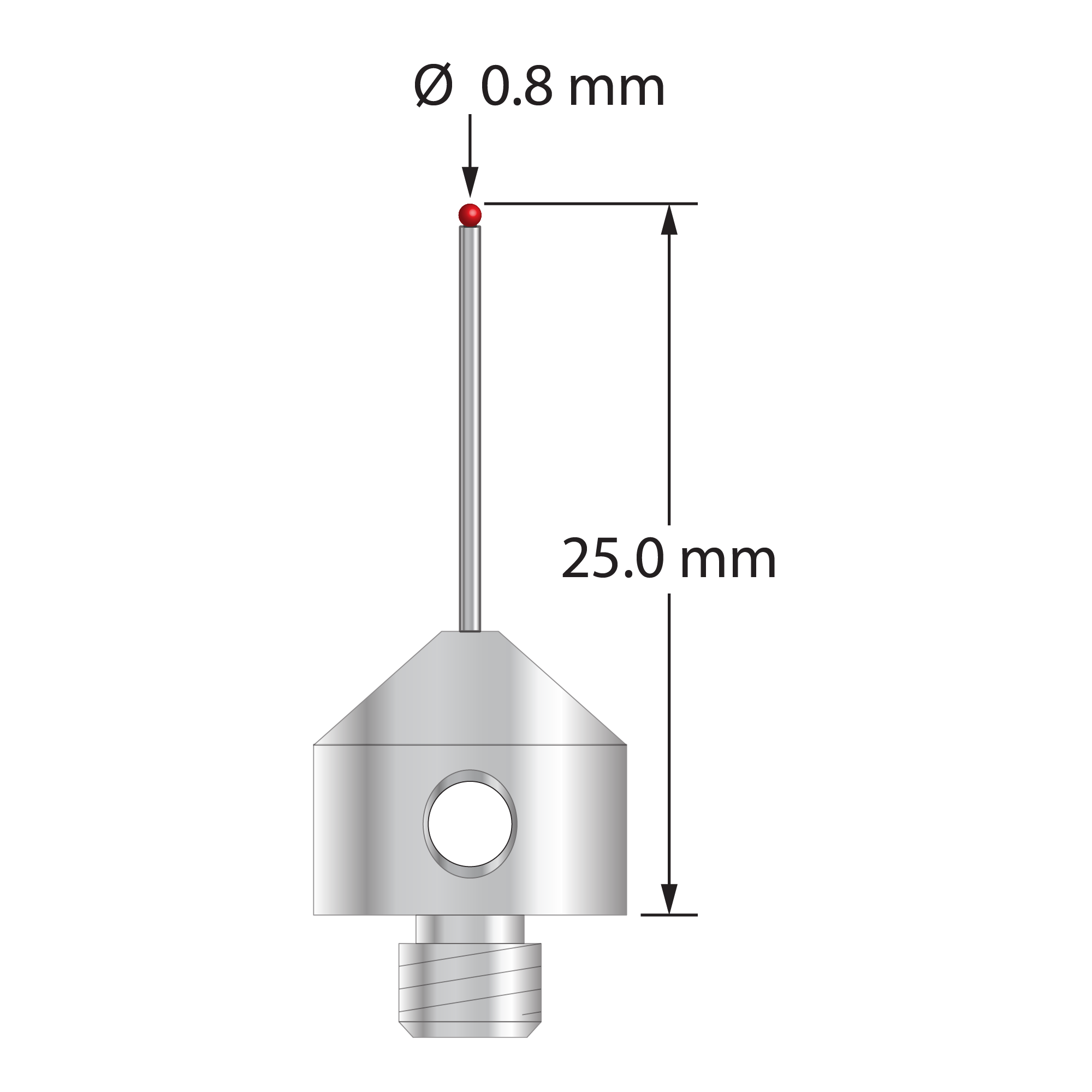AFG-0825-DS.7 M5 stylus with 0.8mm ruby ball, carbide stem, and stainless steel base, 25mm long.
