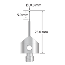M5 stylus with 0.8 mm diameter silicon nitride ball, tapered carbide stem, and 11.0 mm diameter x 10.0 long stainless steel base. Minor stem diameter is 0.5 mm; major diameter is 1.0 mm. Overall stylus length is 25.0 mm. Stylus weight is 5.51 grams.