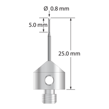 M5 stylus with 0.8 mm diameter zirconia ball, tapered carbide stem, and 11.0 mm diameter x 10.0 long stainless steel base. Minor stem diameter is 0.5 mm; major diameter is 1.0 mm. Overall stylus length is 25.0 mm. Stylus weight is 5.51 grams.