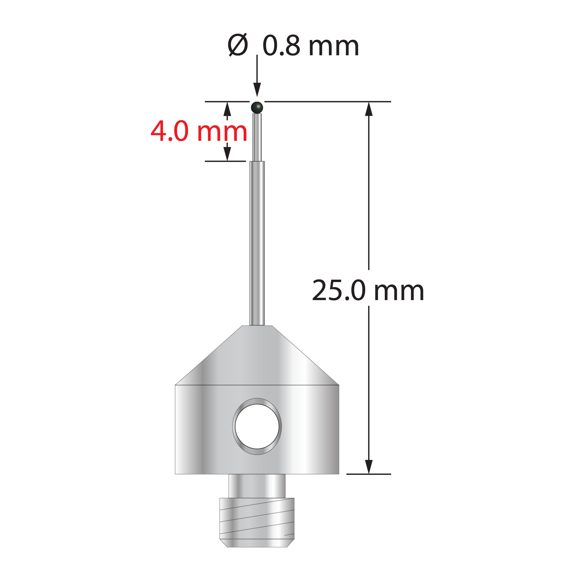 M5 stylus with 0.8 mm diameter silicon nitride ball, stepped carbide stem, and 11.0 mm diameter x 10.0 mm long stainless steel base. Minor stem diameter is 0.6 mm; major diameter is 1.0 mm. Overall stylus length is 25.0 mm. Stylus weight is 5.71 grams.