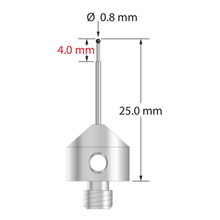 M5 stylus with 0.8 mm diameter silicon nitride ball, stepped carbide stem, and 11.0 mm diameter x 10.0 mm long stainless steel base. Minor stem diameter is 0.6 mm; major diameter is 1.0 mm. Overall stylus length is 25.0 mm. Stylus weight is 5.71 grams.