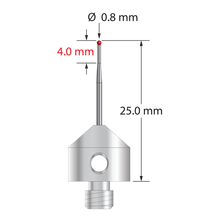 M5 stylus with 0.8 mm diameter ruby ball, tapered carbide stem, and 11.0 mm diameter x 10.0 mm long stainless steel base. Minor stem diameter is 0.6 mm; major diameter is 1.0 mm. Overall stylus length is 25.0 mm. Stylus weight is 5.71 grams.