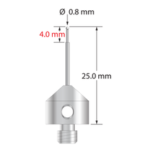 M5 stylus with 0.8 mm diameter zirconia ball, stepped carbide stem, and 11.0 mm diameter x 10.0 mm long stainless steel base. Minor stem diameter is 0.6 mm; major diameter is 1.0 mm. Overall stylus length is 25.0 mm. Stylus weight is 5.71 grams.