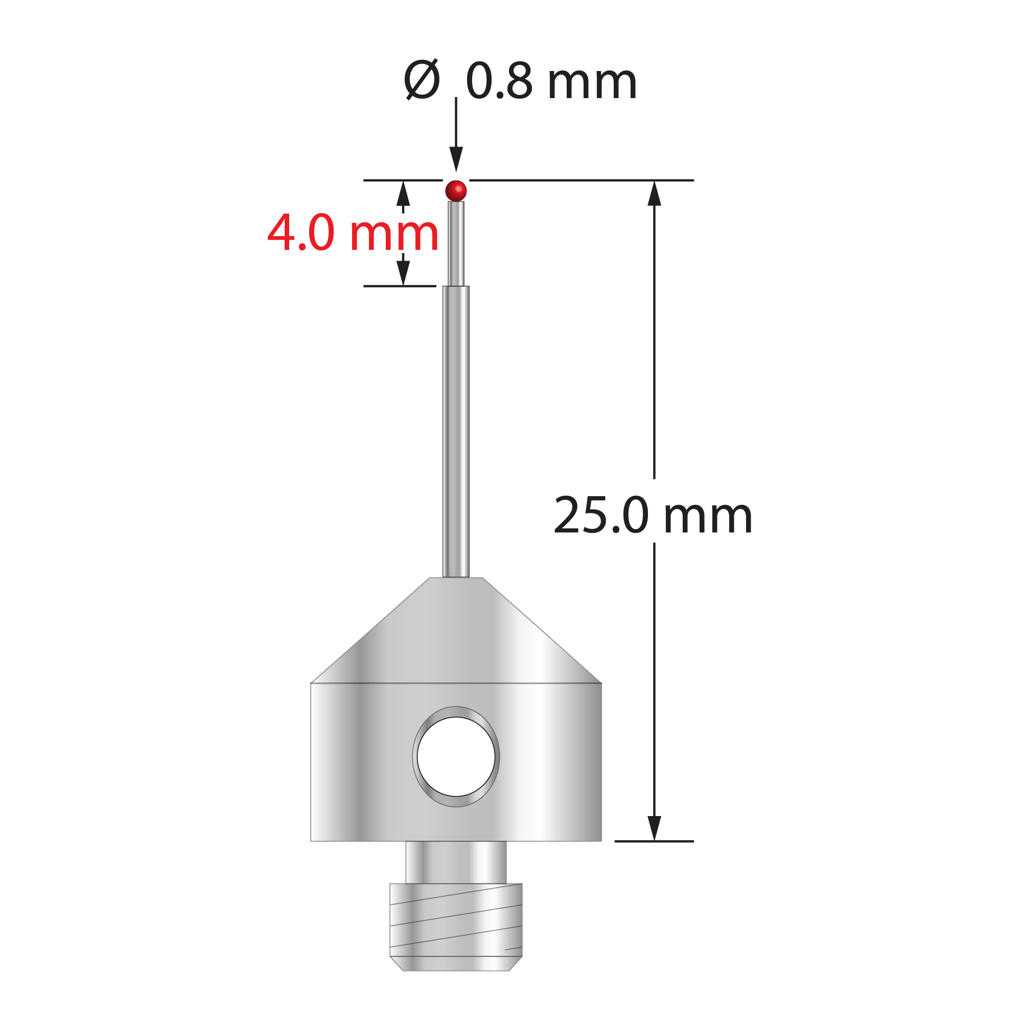 M5 stylus with 0.8 mm diameter ruby ball, stepped carbide stem, and 11.0 mm diameter x 10.0 mm long stainless steel base. Minor stem diameter is 0.6 mm; major diameter is 1.0 mm. Overall stylus length is 25.0 mm. Stylus weight is 5.71 grams.
