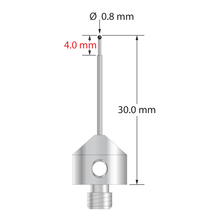M5 stylus with 0.8 mm diameter carbide ball, stepped carbide stem, and 11.0 mm diameter x 10.0 mm long stainless steel base. Minor stem diameter is 0.6 mm; major diameter is 1.0 mm. Overall stylus length is 30.0 mm. Stylus weight is 5.77 grams.