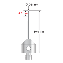 M5 stylus with 0.8 mm diameter zirconia ball, tapered carbide stem, and 11.0 mm diameter x 10.0 mm long stainless steel base. Minor stem diameter is 0.6 mm; major stem diameter is 1.0 mm. Overall stylus length is 30.0 mm. Stylus weight is 5.77 grams.