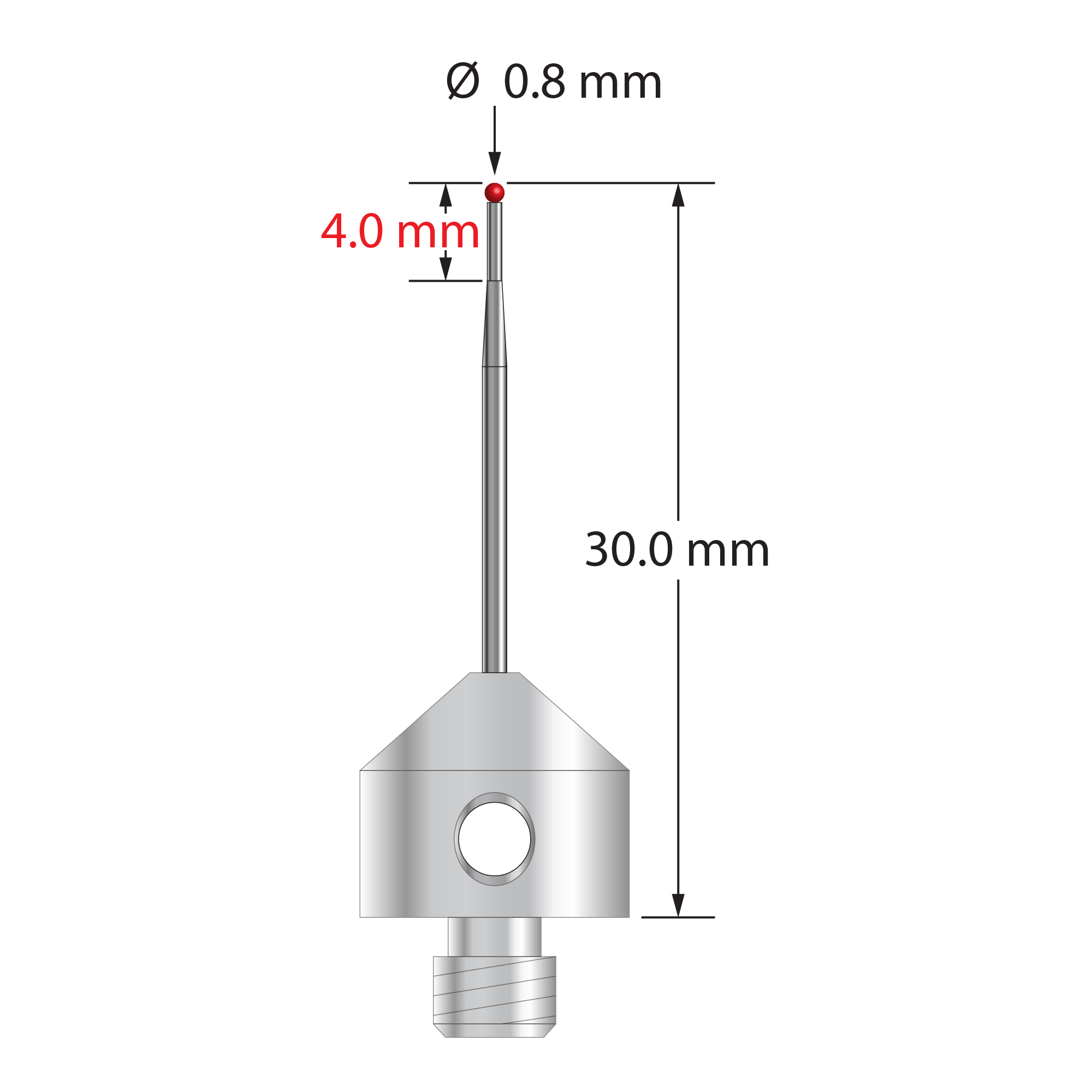 M5 stylus with 0.8 mm diameter ruby ball, tapered carbide stem, and 11.0 mm diameter x 10.0 mm long stainless steel base. Minor stem diameter is 0.6 mm; major stem diameter is 1.0 mm. Overall stylus length is 30.0 mm. Stylus weight is 5.77 grams.