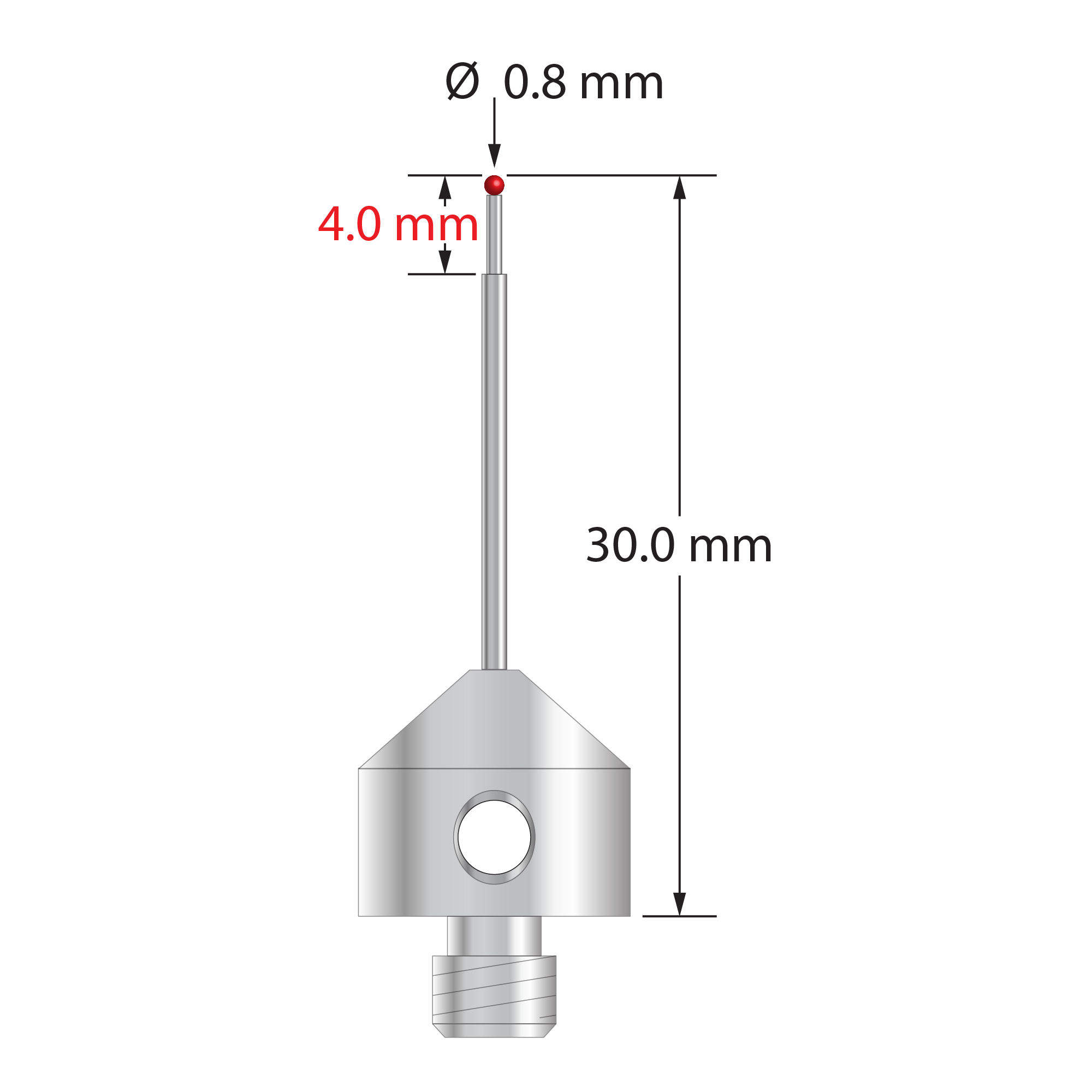 M5 stylus with 0.8 mm diameter ruby ball, stepped carbide stem, and 11.0 mm diameter x 10.0 mm long stainless steel base. Minor stem diameter is 0.6 mm; major diameter is 1.0 mm. Overall stylus length is 30.0 mm. Stylus weight is 5.77 grams.
