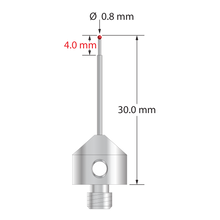 M5 stylus with 0.8 mm diameter ruby ball, stepped carbide stem, and 11.0 mm diameter x 10.0 mm long stainless steel base. Minor stem diameter is 0.6 mm; major diameter is 1.0 mm. Overall stylus length is 30.0 mm. Stylus weight is 5.77 grams.