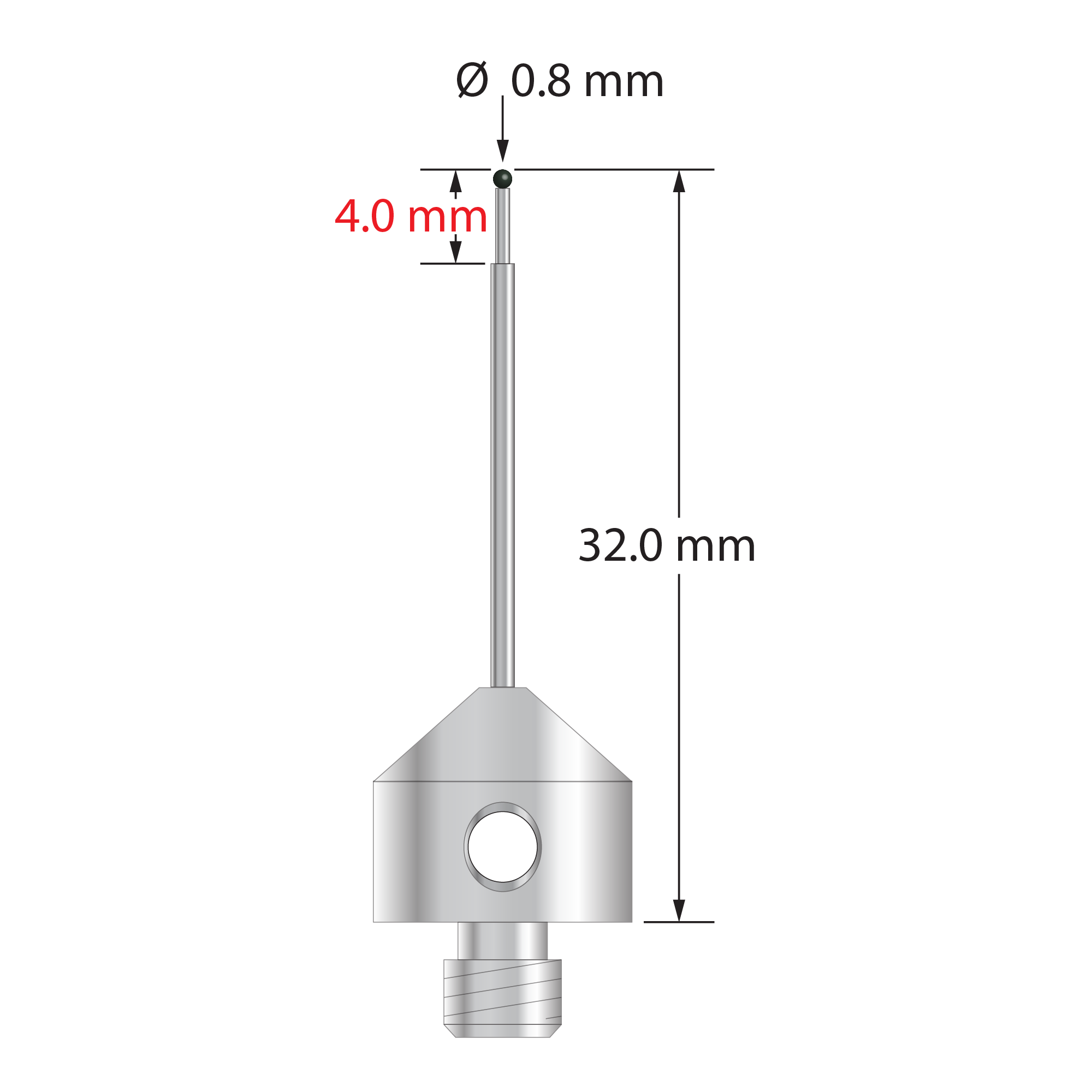 M5 stylus with 0.8 mm diameter silicon nitride ball, stepped carbide stem, and 11.0 mm diameter x 10.0 mm long stainless steel base. Minor stem diameter is 0.6 mm; major diameter is 1.0 mm. Overall stylus length is 32.0 mm. Stylus weight is 5.76 grams.