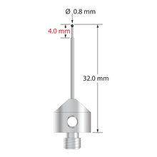 M5 stylus with 0.8 mm diameter silicon nitride ball, stepped carbide stem, and 11.0 mm diameter x 10.0 mm long stainless steel base. Minor stem diameter is 0.6 mm; major diameter is 1.0 mm. Overall stylus length is 32.0 mm. Stylus weight is 5.76 grams.