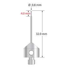 M5 stylus with 0.8 mm diameter zirconia ball, stepped carbide stem, and 11.0 mm diameter x 10.0 mm long stainless steel base. Minor stem diameter is 0.6 mm; major diameter is 1.0 mm. Overall stylus length is 32.0 mm. Stylus weight is 5.76 grams.