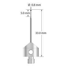 M5 stylus with 0.8 mm diameter silicon nitride ball, tapered carbide stem, and 11.0 mm diameter x 10.0 long stainless steel base. Minor stem diameter is 0.5 mm; major diameter is 1.0 mm. Overall stylus length is 33.0 mm. Stylus weight is 5.60 grams.