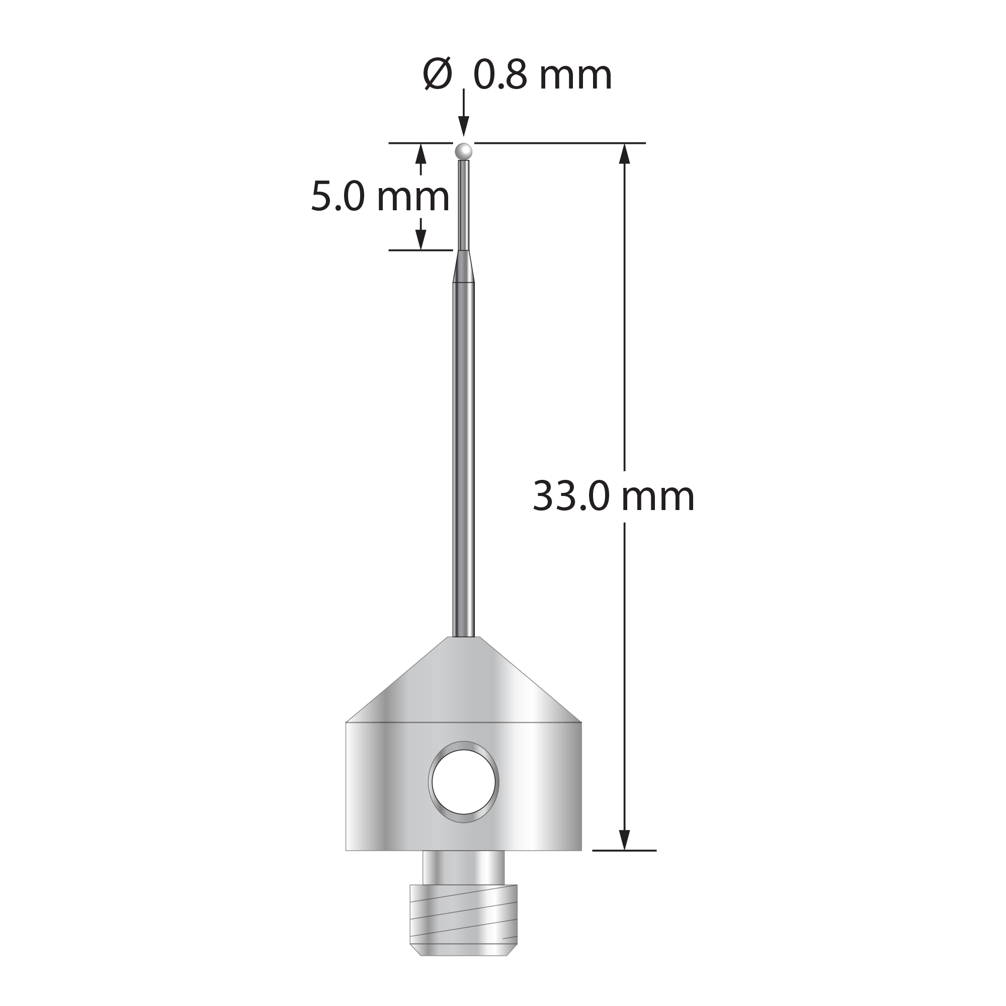 M5 stylus with 0.8 mm diameter zirconia ball, tapered carbide stem, and 11.0 mm diameter x 10.0 long stainless steel base. Minor stem diameter is 0.5 mm; major diameter is 1.0 mm. Overall stylus length is 33.0 mm. Stylus weight is 5.60 grams.
