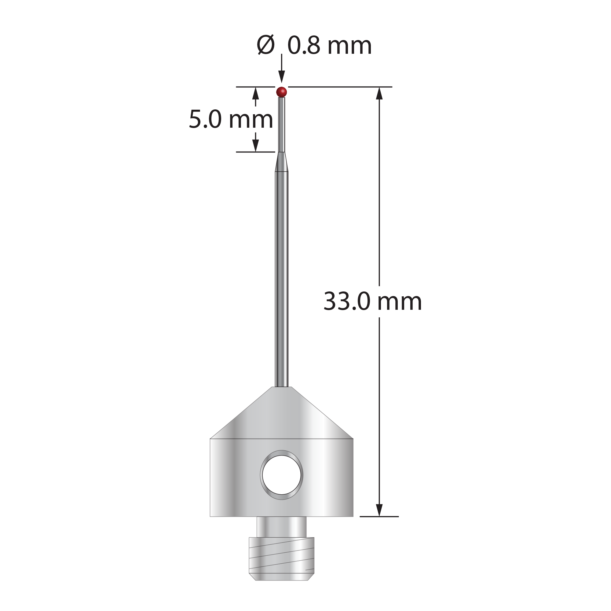 M5 stylus with 0.8 mm diameter ruby ball, tapered carbide stem, and 11.0 mm diameter x 10.0 long stainless steel base. Minor stem diameter is 0.5 mm; major diameter is 1.0 mm. Overall stylus length is 33.0 mm. Stylus weight is 5.60 grams. Compare to Zeiss 626115-0080-033.