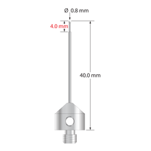 M5 stylus with 0.8 mm diameter zirconia ball, stepped carbide stem, and 11.0 mm diameter x 10.0 mm long stainless steel base. Minor stem diameter is 0.6 mm; major diameter is 1.0 mm. Overall stylus length is 40.0 mm. Stylus weight is 5.89 grams.