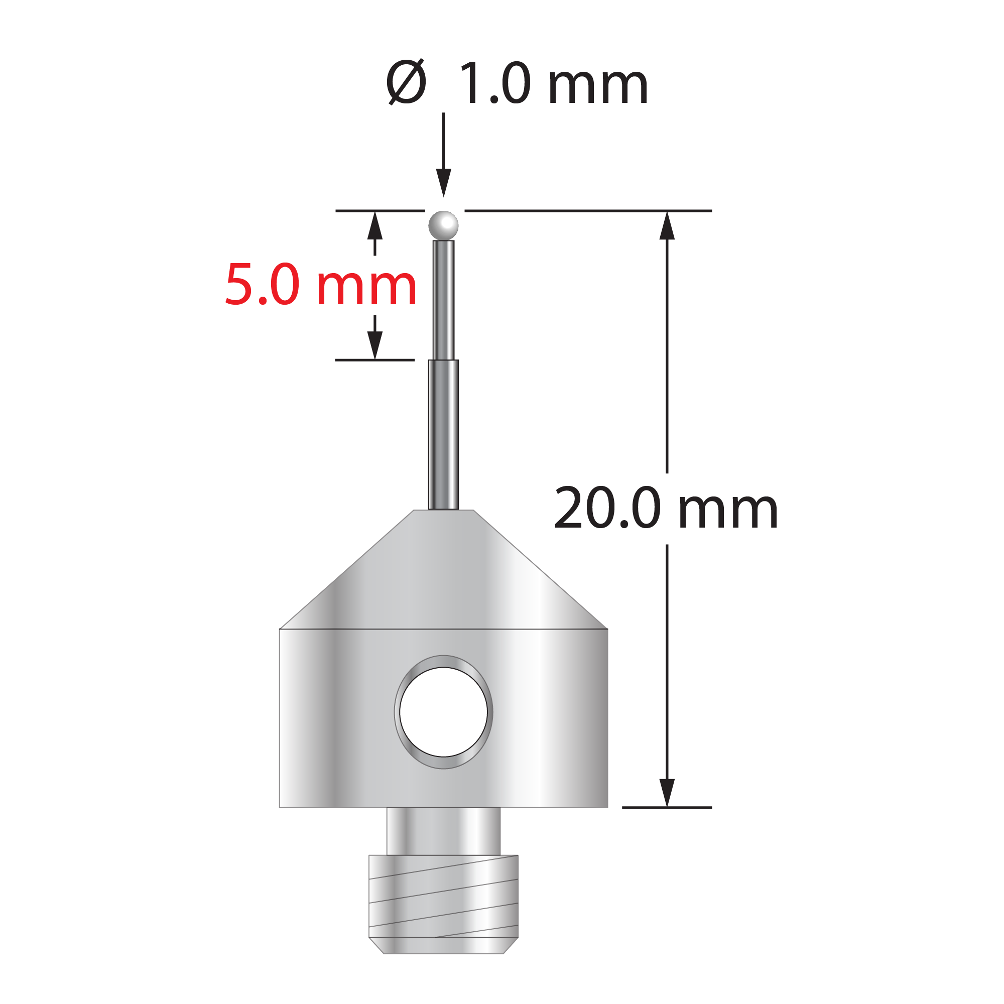 M5 stylus with 1.0 mm diameter zirconia ball, stepped carbide stem, and 11.0 mm diameter x 10.0 long stainless steel base. Minor stem diameter is 0.7 mm; major diameter is 1.0 mm. Overall stylus length is 20.0 mm. Stylus weight is 5.65 grams.