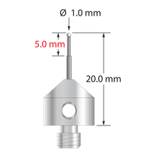 M5 stylus with 1.0 mm diameter zirconia ball, stepped carbide stem, and 11.0 mm diameter x 10.0 long stainless steel base. Minor stem diameter is 0.7 mm; major diameter is 1.0 mm. Overall stylus length is 20.0 mm. Stylus weight is 5.65 grams.