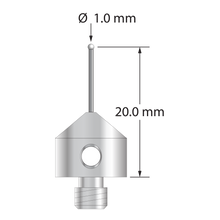 M5 stylus with 1.0 mm diameter zirconia ball, 0.7 mm diameter carbide stem, and 11.0 mm diameter x 10.0 mm long stainless steel base. Stylus length to ball center is 20.0 mm. Weight is 5.68 grams.