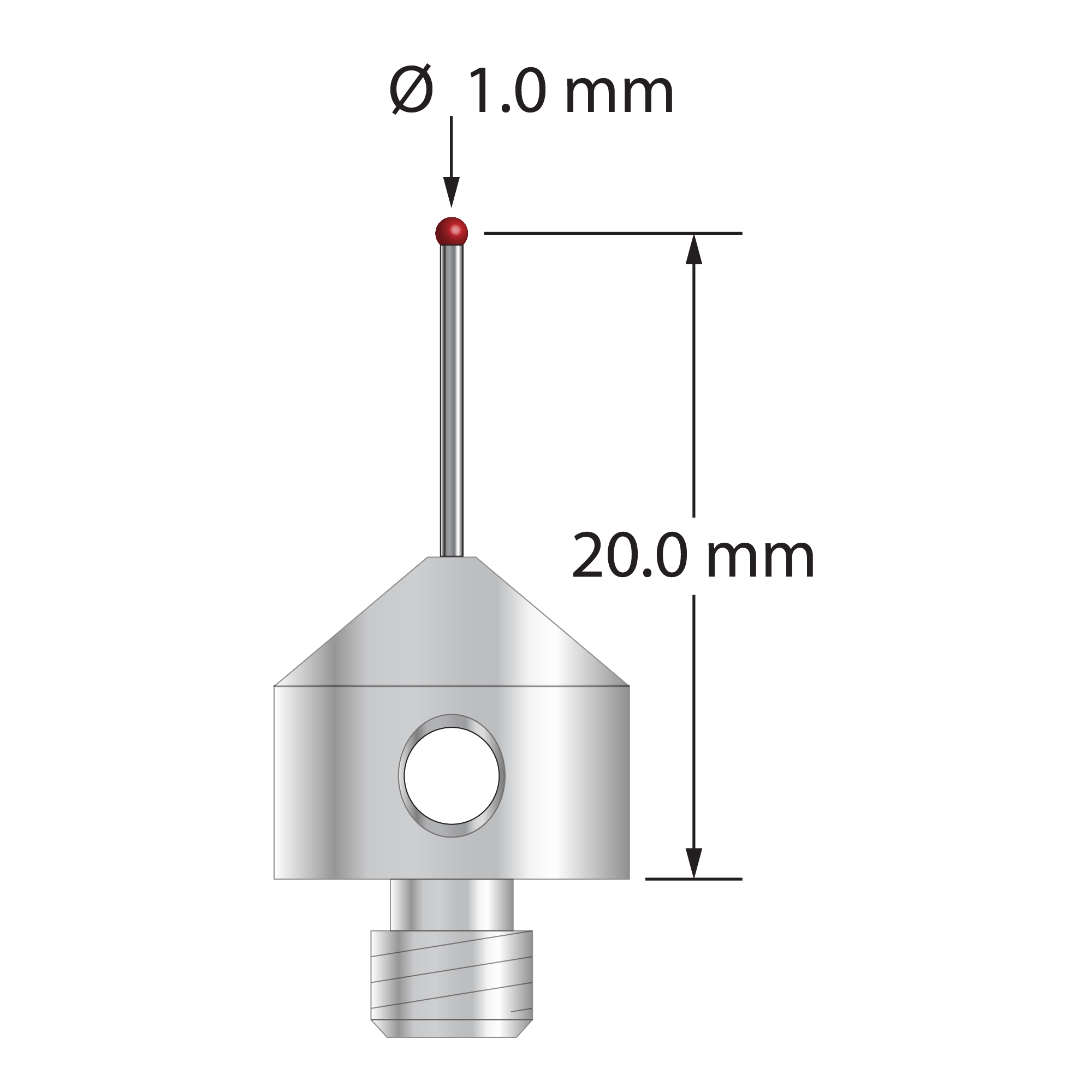 M5 stylus with 1.0 mm diameter ruby ball, 0.7 mm diameter carbide stem, and 11.0 mm diameter x 10.0 mm long stainless steel base. Stylus length to ball center is 20.0 mm. Weight is 5.68 grams.