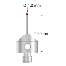 M5 stylus with 1.0 mm diameter ruby ball, 0.7 mm diameter carbide stem, and 11.0 mm diameter x 10.0 mm long stainless steel base. Stylus length to ball center is 20.0 mm. Weight is 5.68 grams.