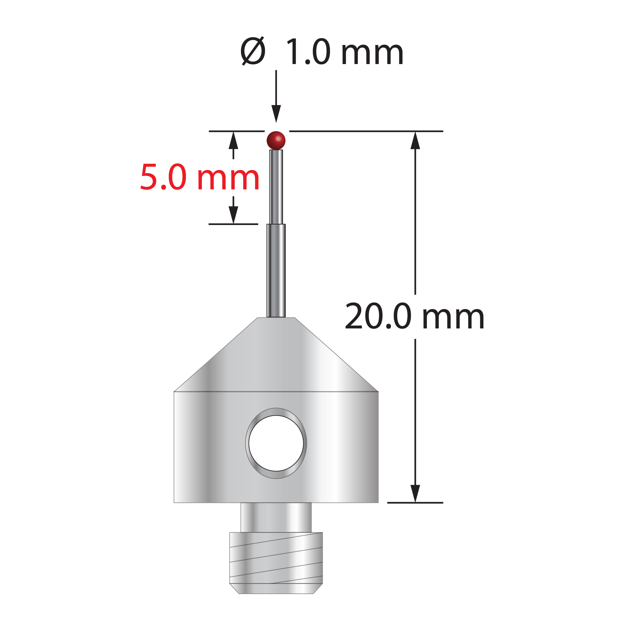 M5 stylus with 1.0 mm diameter ruby ball, stepped carbide stem, and 11.0 mm diameter x 10.0 long stainless steel base. Minor stem diameter is 0.7 mm; major diameter is 1.0 mm. Overall stylus length is 20.0 mm. Stylus weight is 5.65 grams.