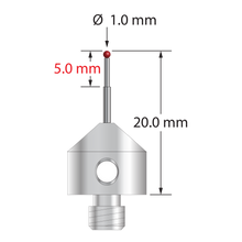 M5 stylus with 1.0 mm diameter ruby ball, stepped carbide stem, and 11.0 mm diameter x 10.0 long stainless steel base. Minor stem diameter is 0.7 mm; major diameter is 1.0 mm. Overall stylus length is 20.0 mm. Stylus weight is 5.65 grams.