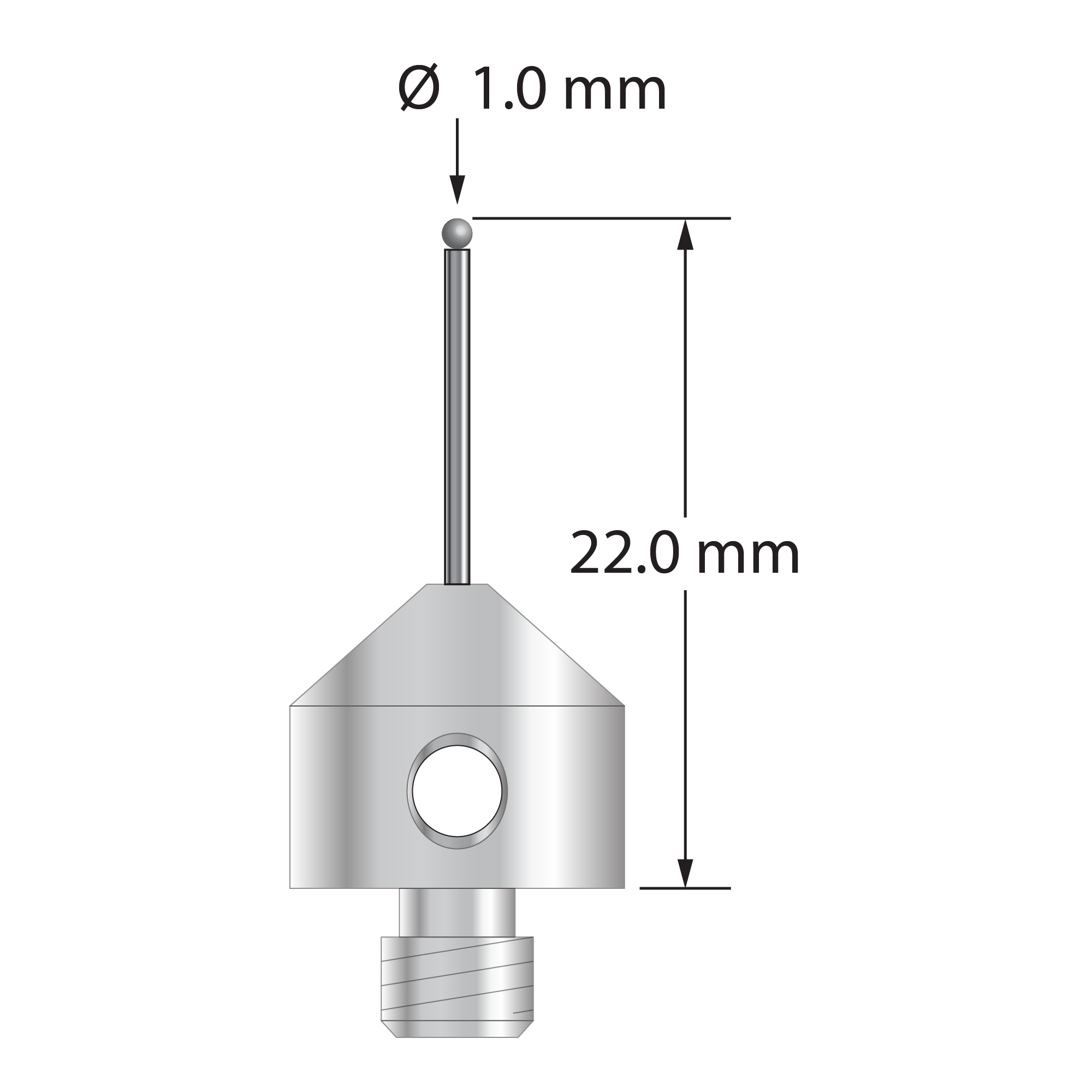 M5 stylus with 1.0 mm diameter solid diamond sphere, 0.8 mm diameter carbide stem, and 11.0 mm diameter x 10.0 mm long stainless steel base. Overall stylus length is 22.0 mm. Stylus weight is 5.56 grams.