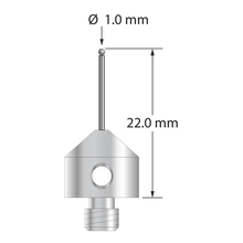 M5 stylus with 1.0 mm diameter solid diamond sphere, 0.8 mm diameter carbide stem, and 11.0 mm diameter x 10.0 mm long stainless steel base. Overall stylus length is 22.0 mm. Stylus weight is 5.56 grams.
