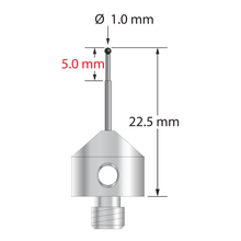 M5 stylus with 1.0 mm diameter silicon nitride ball, stepped carbide stem, and 11.0 mm diameter x 10.0 mm long stainless steel base. Minor stem diameter is 0.7 mm; major diameter is 1.0 mm. Overall stylus length is 22.5 mm. Stylus weight is 5.66 grams.