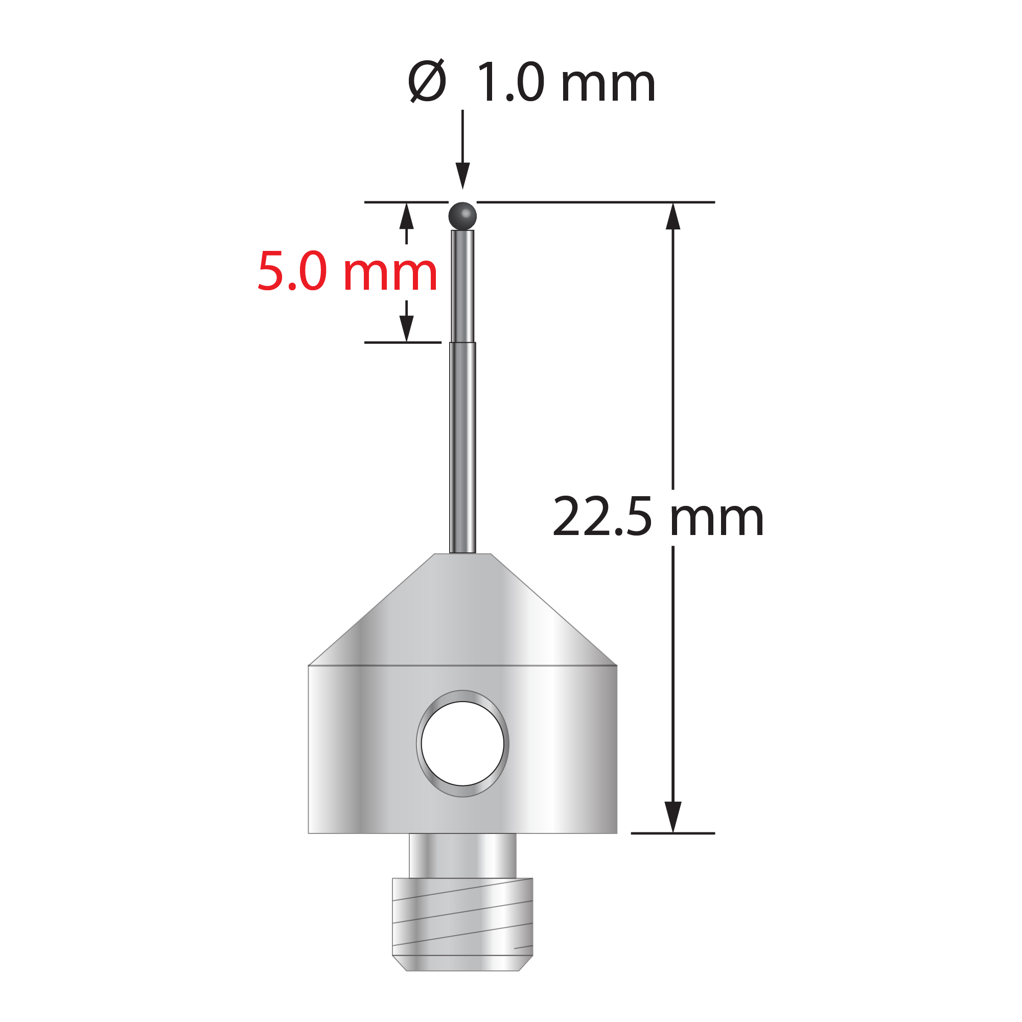M5 stylus with 1.0 mm diameter silicon nitride ball, stepped carbide stem, and 11.0 mm diameter x 10.0 mm long titanium base. Minor stem diameter is 0.8 mm; major diameter is 1.0 mm. Overall stylus length is 22.5 mm. Stylus weight is 4.01 grams. Compare to Zeiss 626115-0104-022.