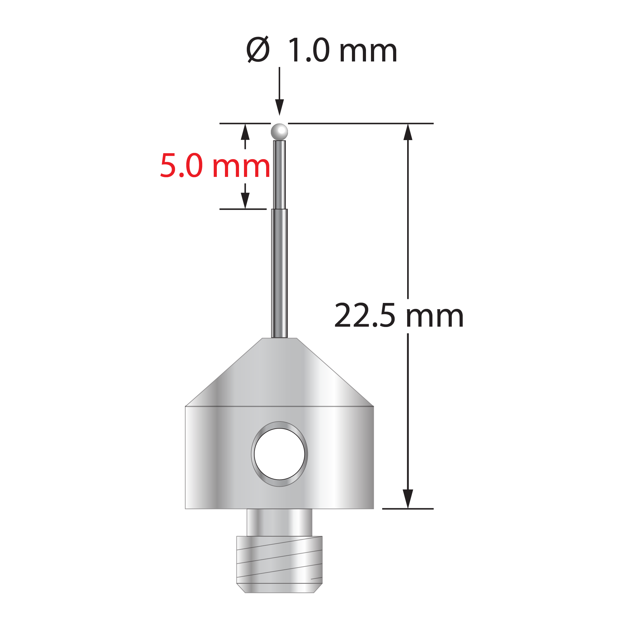 M5 stylus with 1.0 mm diameter zirconia ball, stepped carbide stem, and 11.0 mm diameter x 10.0 mm long stainless steel base. Minor stem diameter is 0.7 mm; major diameter is 1.0 mm. Overall stylus length is 22.5 mm. Stylus weight is 5.66 grams.