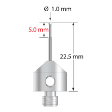 M5 stylus with 1.0 mm diameter zirconia ball, stepped carbide stem, and 11.0 mm diameter x 10.0 mm long stainless steel base. Minor stem diameter is 0.7 mm; major diameter is 1.0 mm. Overall stylus length is 22.5 mm. Stylus weight is 5.66 grams.